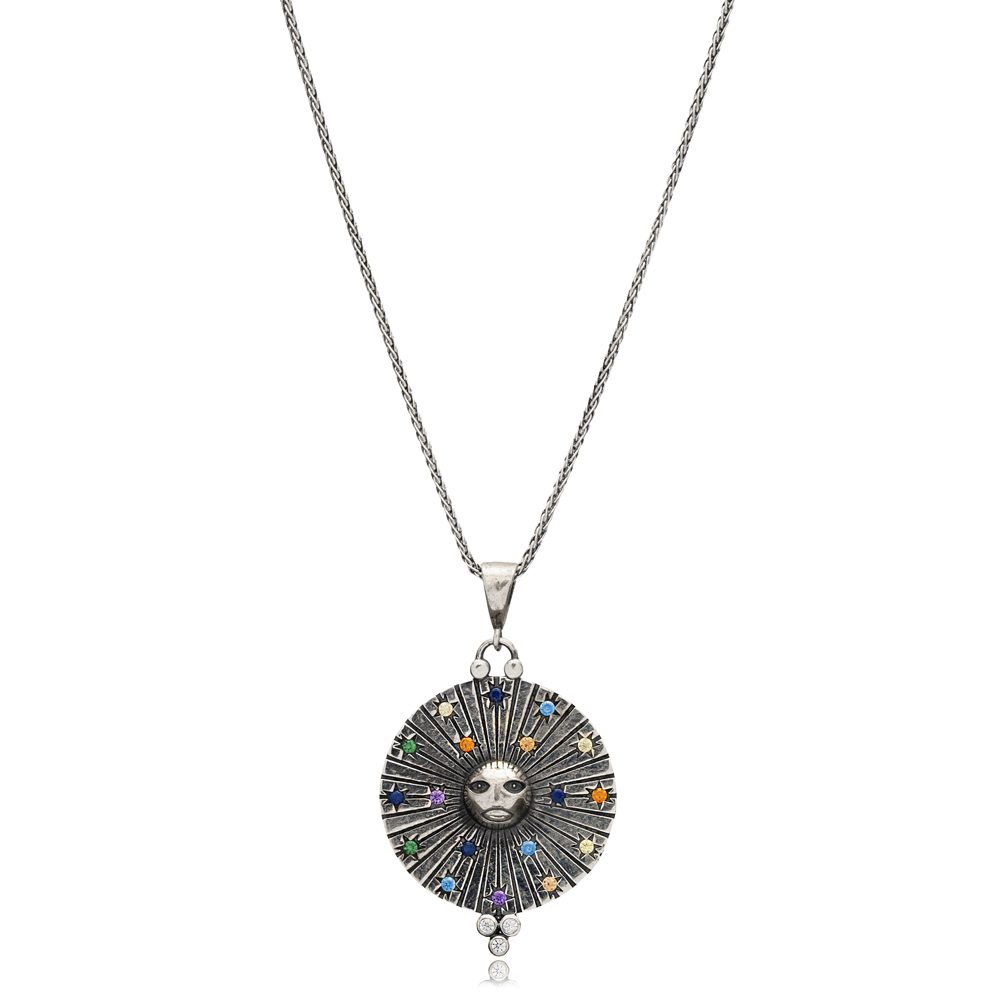 Sun and Stars Design Oxidized Mix CZ Silver Jewelry Necklace