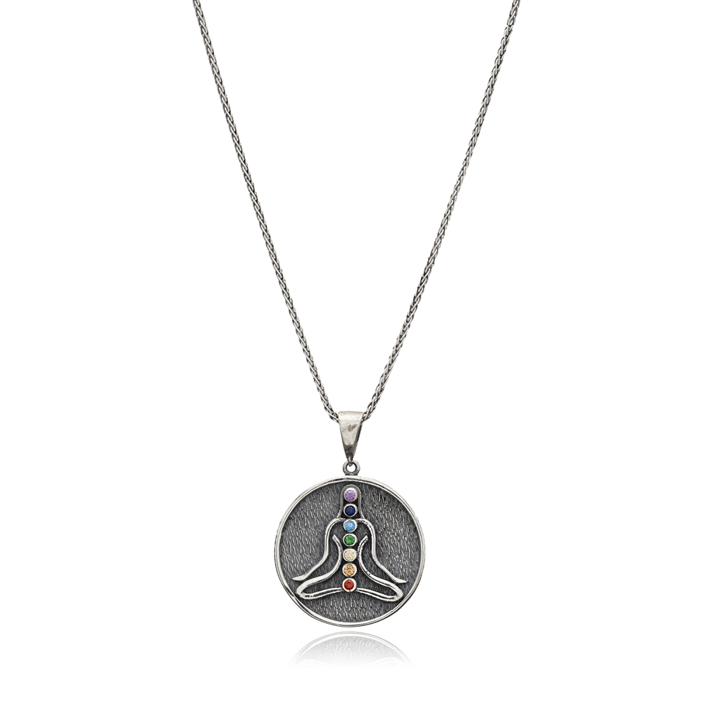 Oxidized Surface Lotus Position Yoga Mix Silver Necklace