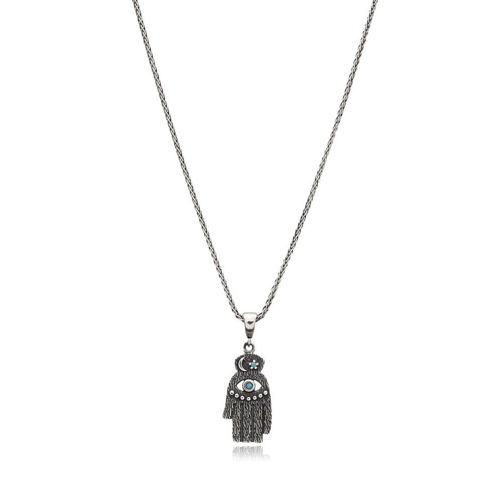 Hamsa and Evil Eye Design Oxidized Jewelry Silver Necklace