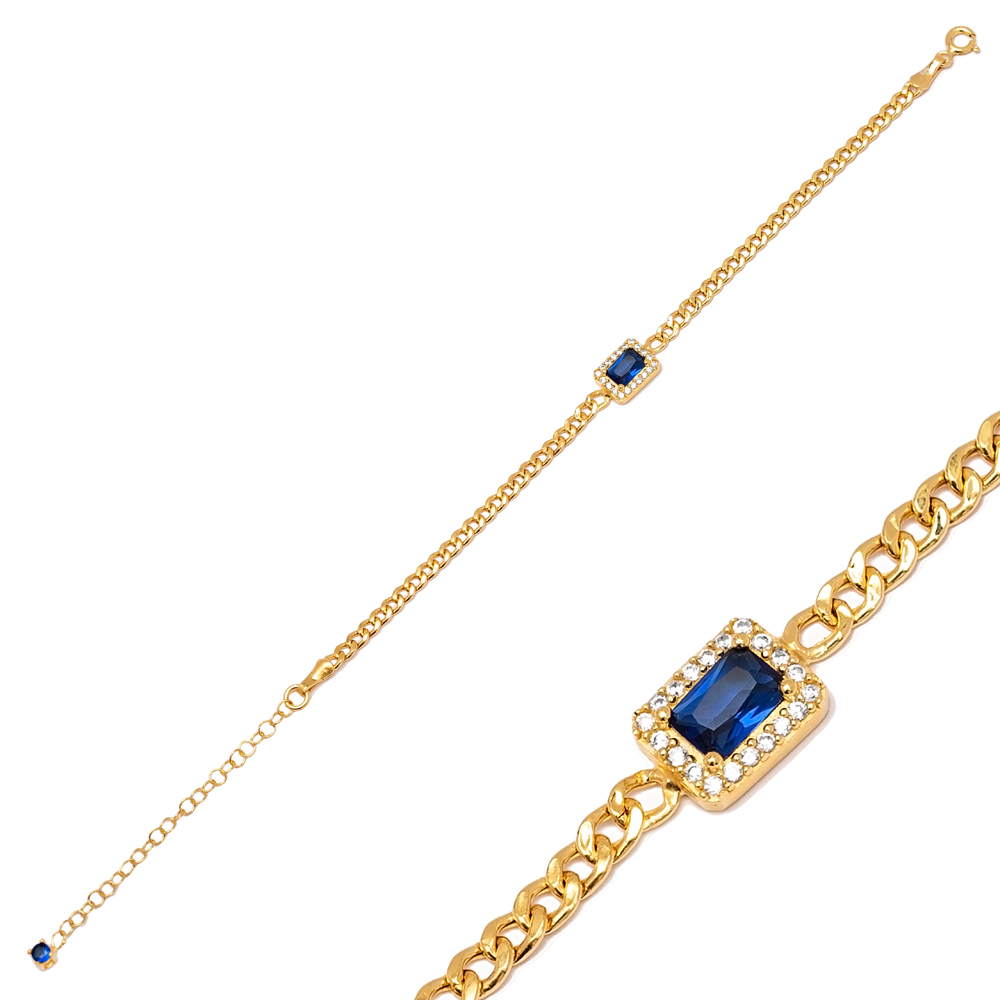 Rectangle Baguette Sapphire Silver Charm Jewelry Bracelet