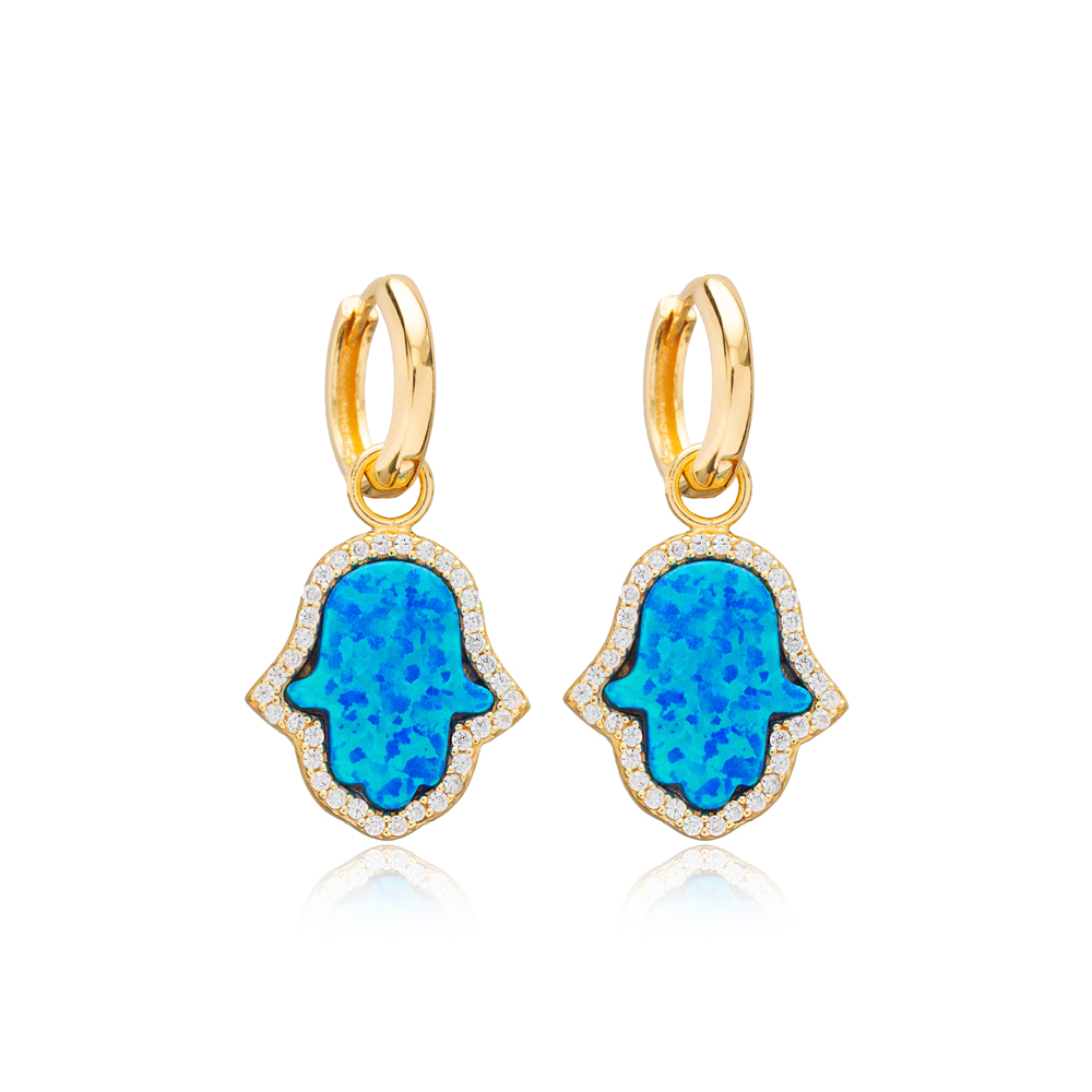 Blue Opal Hamsa Design Hoop Dagnle Earring Handmade Turkish Sterling Silver Jewelry