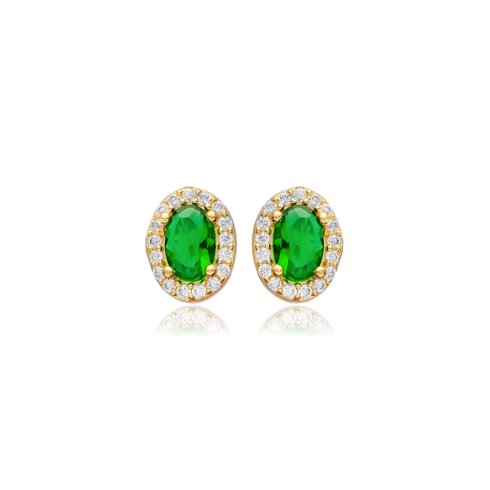 Oval Emerald CZ Stone Silver Jewelry Stud Earrings