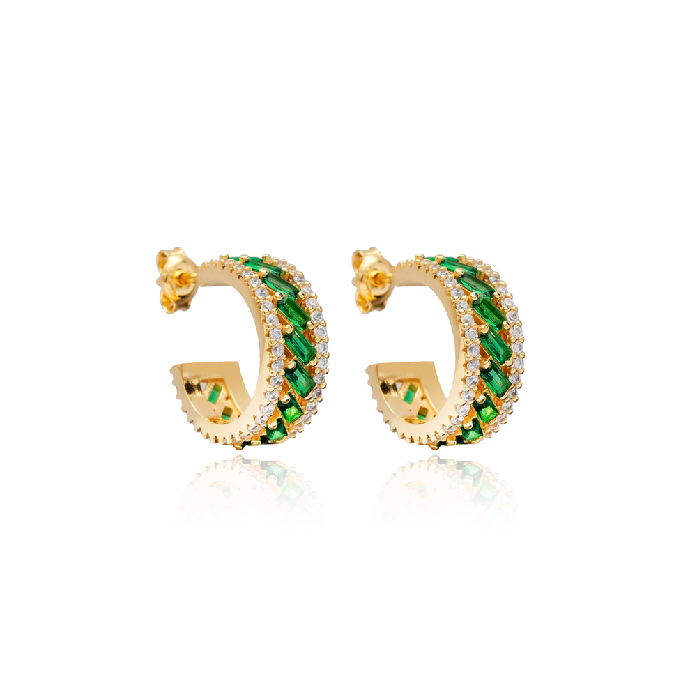 Baguuette Emerald CZ Stone Silver Hoop Earrings