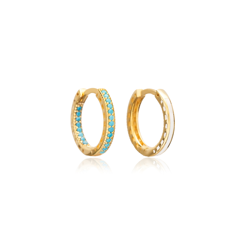 White Enamel Turquoise Stone Ø15 mm Silver Hoop Earrings