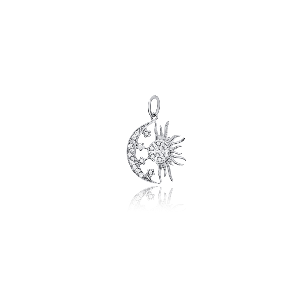 Crescent Moon and Sun CZ Stone Jewelry Silver Charm