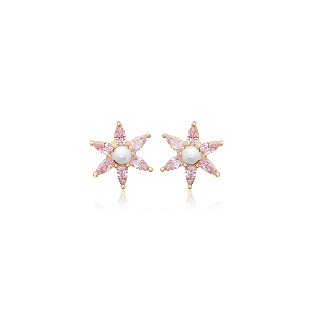 Star Pearl and Pink Jewelry CZ Silver Stud Earrings