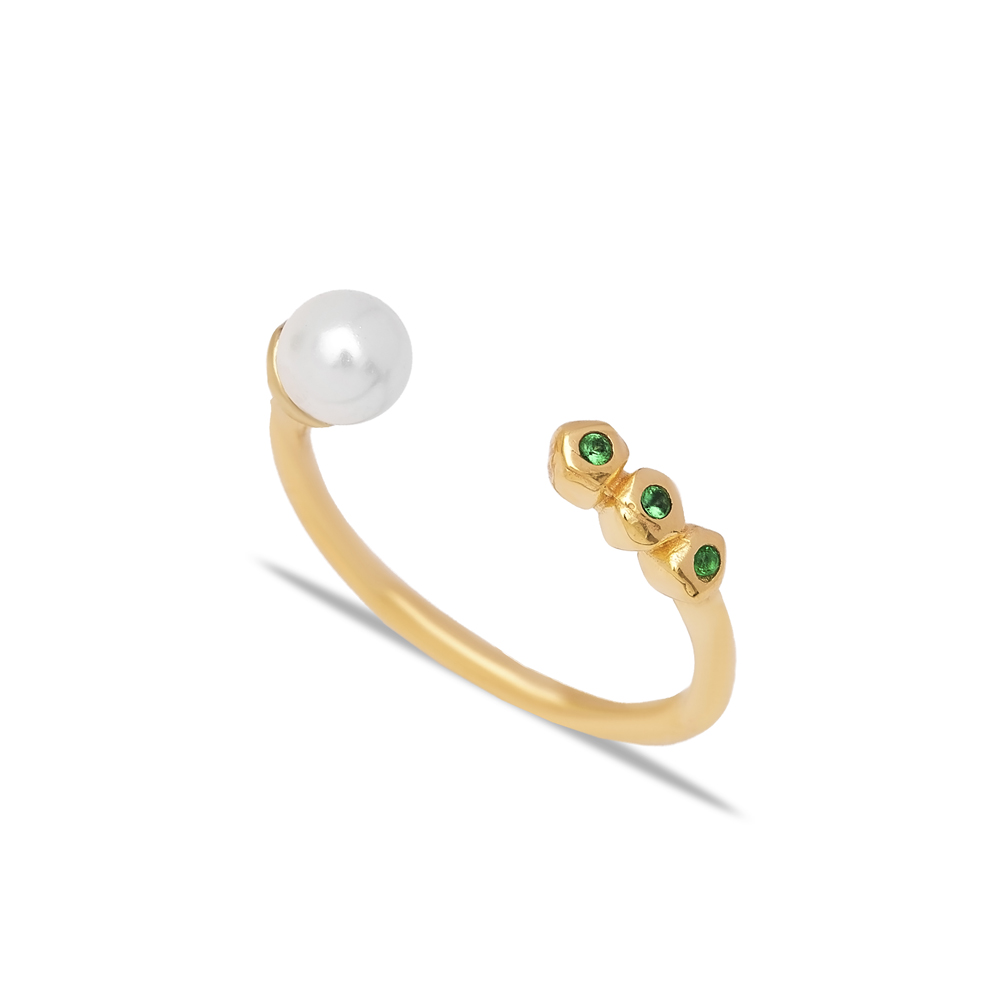 Pearl and Round Emerald Adjustable 925 Sterling Silver Ring