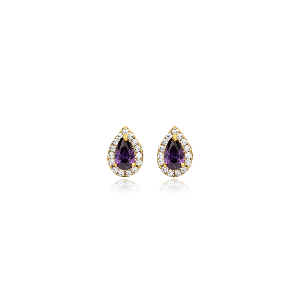 Tiny Amethyst CZ Teardrop Stud Earrings Silver Jewelry