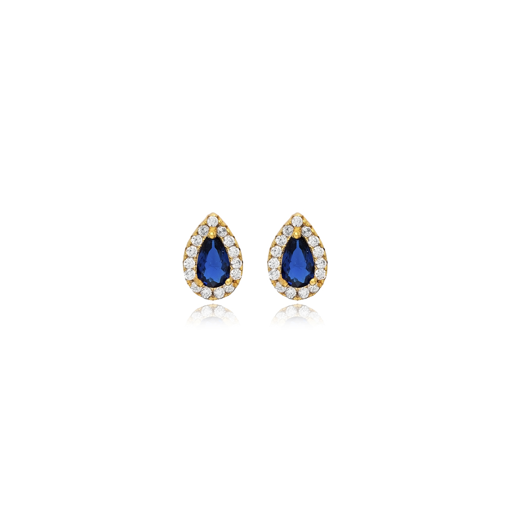 Sapphire CZ Tiny Teardrop Turkish Silver Stud Earrings