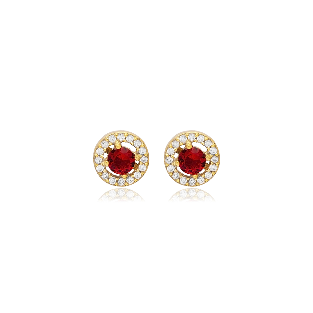 Round Design Garnet CZ Jewelry 925 Silver Stud Earrings