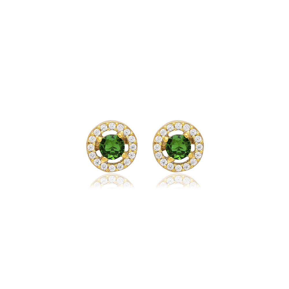 Round Design Emerald CZ Jewelry 925 Silver Stud Earrings