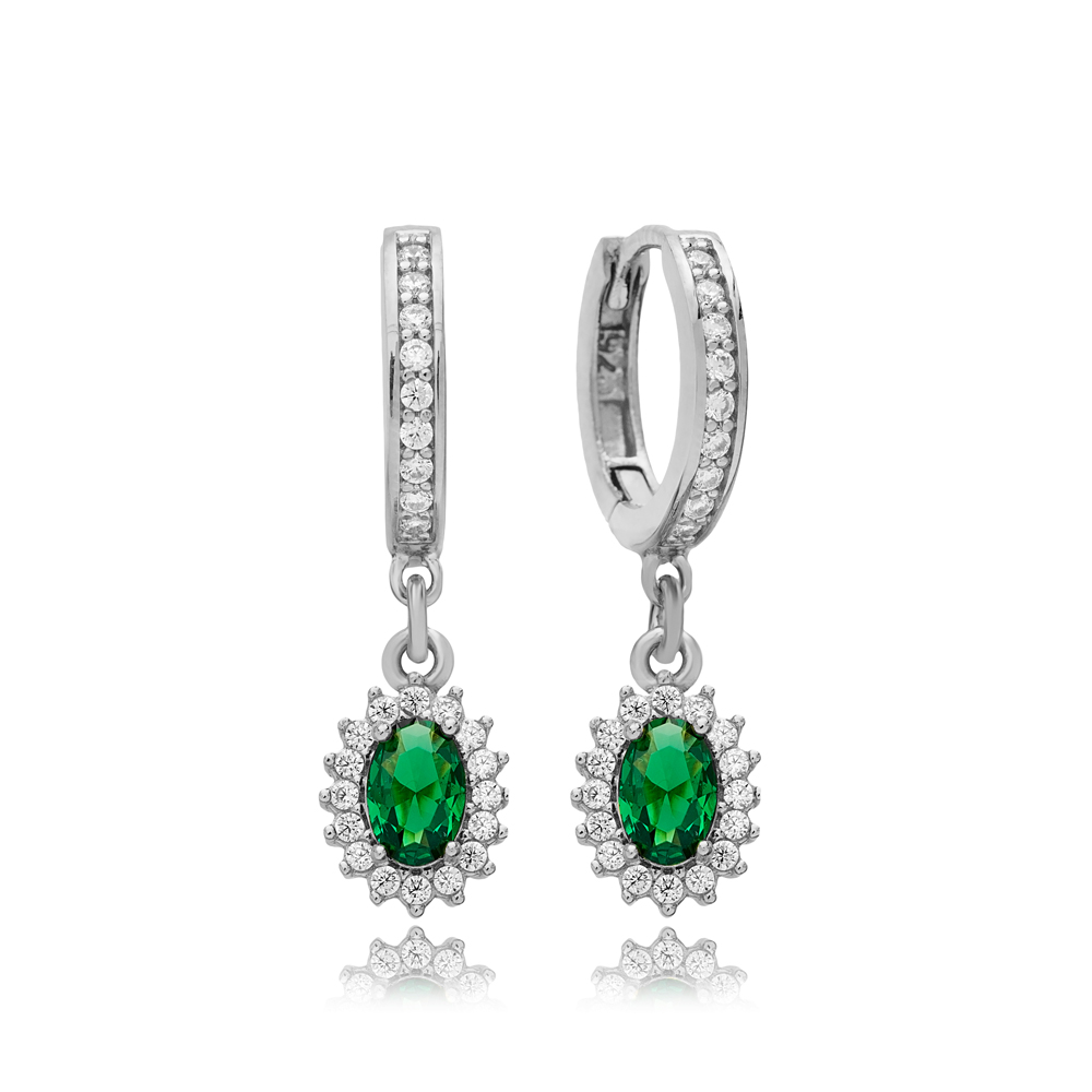 Emerald Stone Elegant Diamond Style Dangle Earring Turkish Wholesale 925 Sterling Silver Jewelry