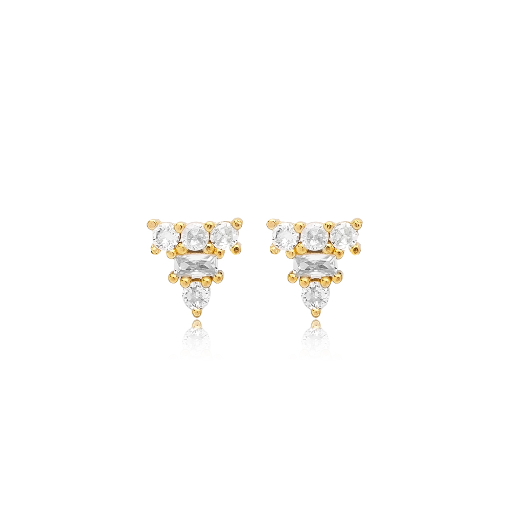 Geometric Stud Earrings 925 Silver Baguette Zircon Stone