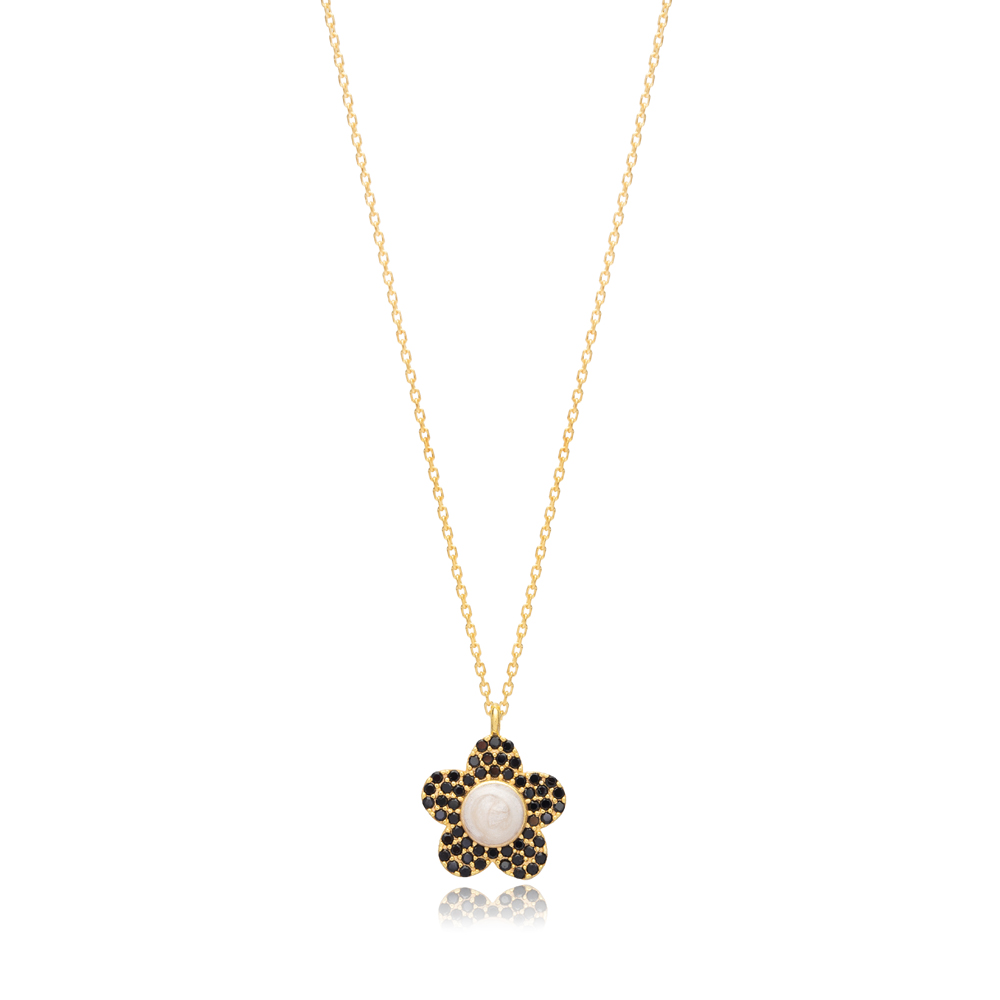 Ø13 mm Black CZ Flower Necklace Turkish 925 Silver Jewelry