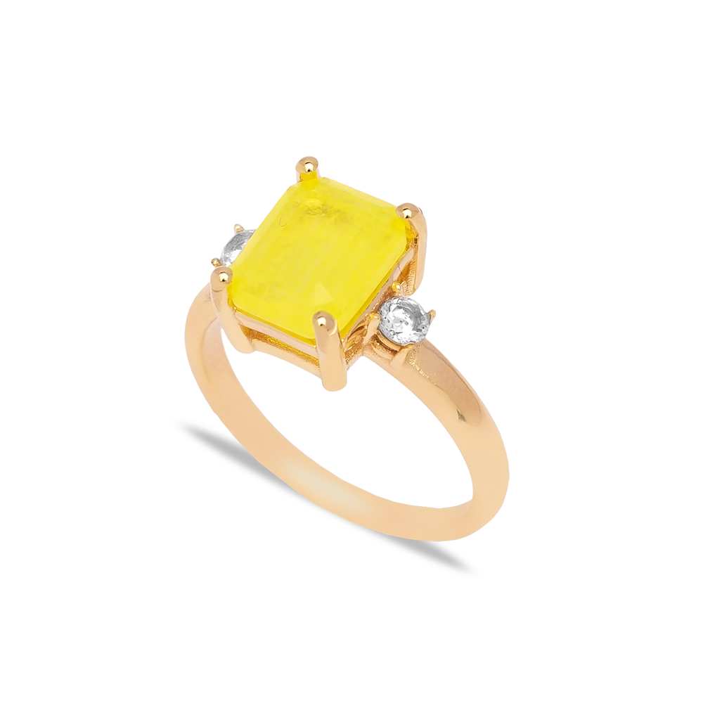 Yellow Natural Stone Ring Rectangle 925 Silver Jewelry