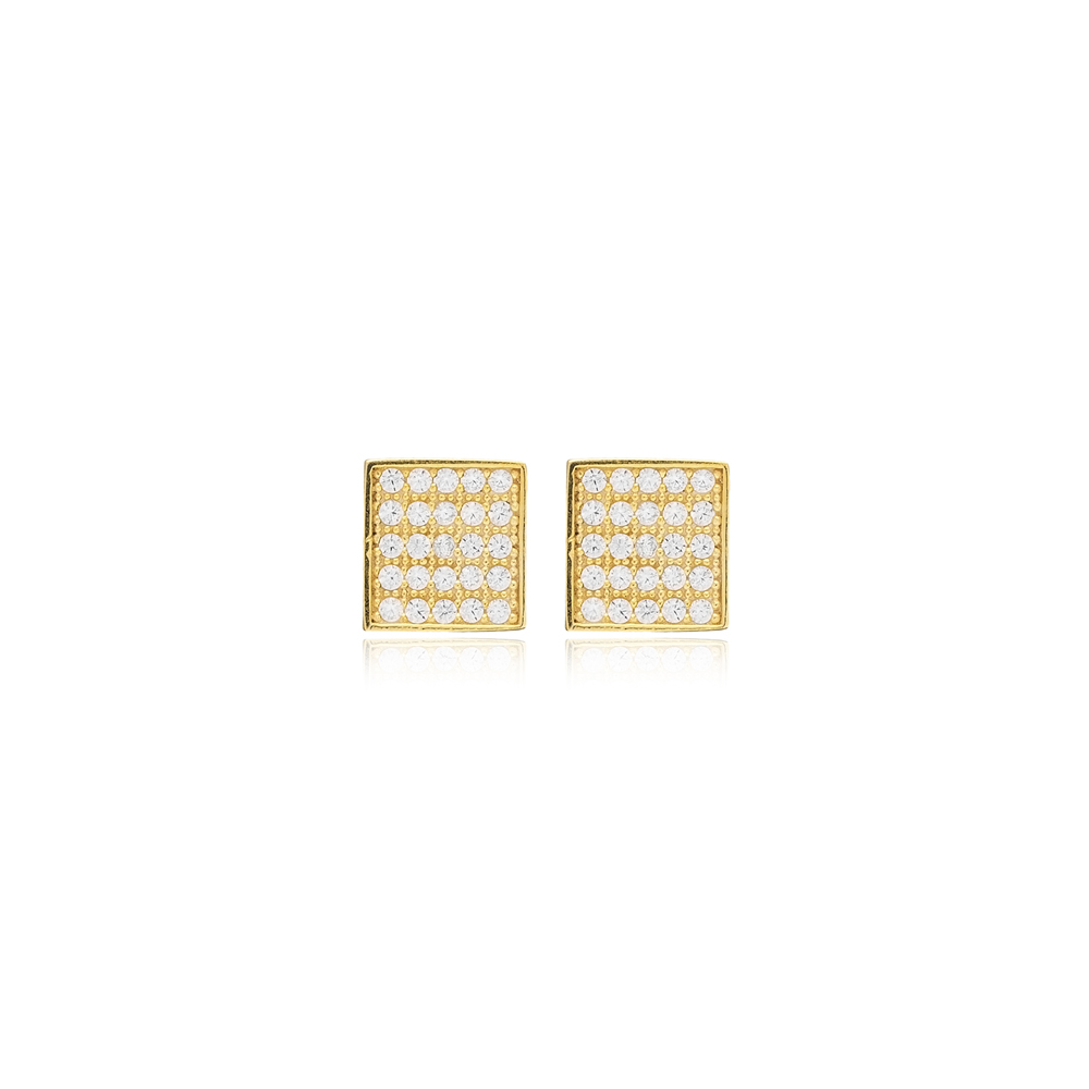 CZ Square Disc Stud Earrings Wholesale 925 Sterling Silver