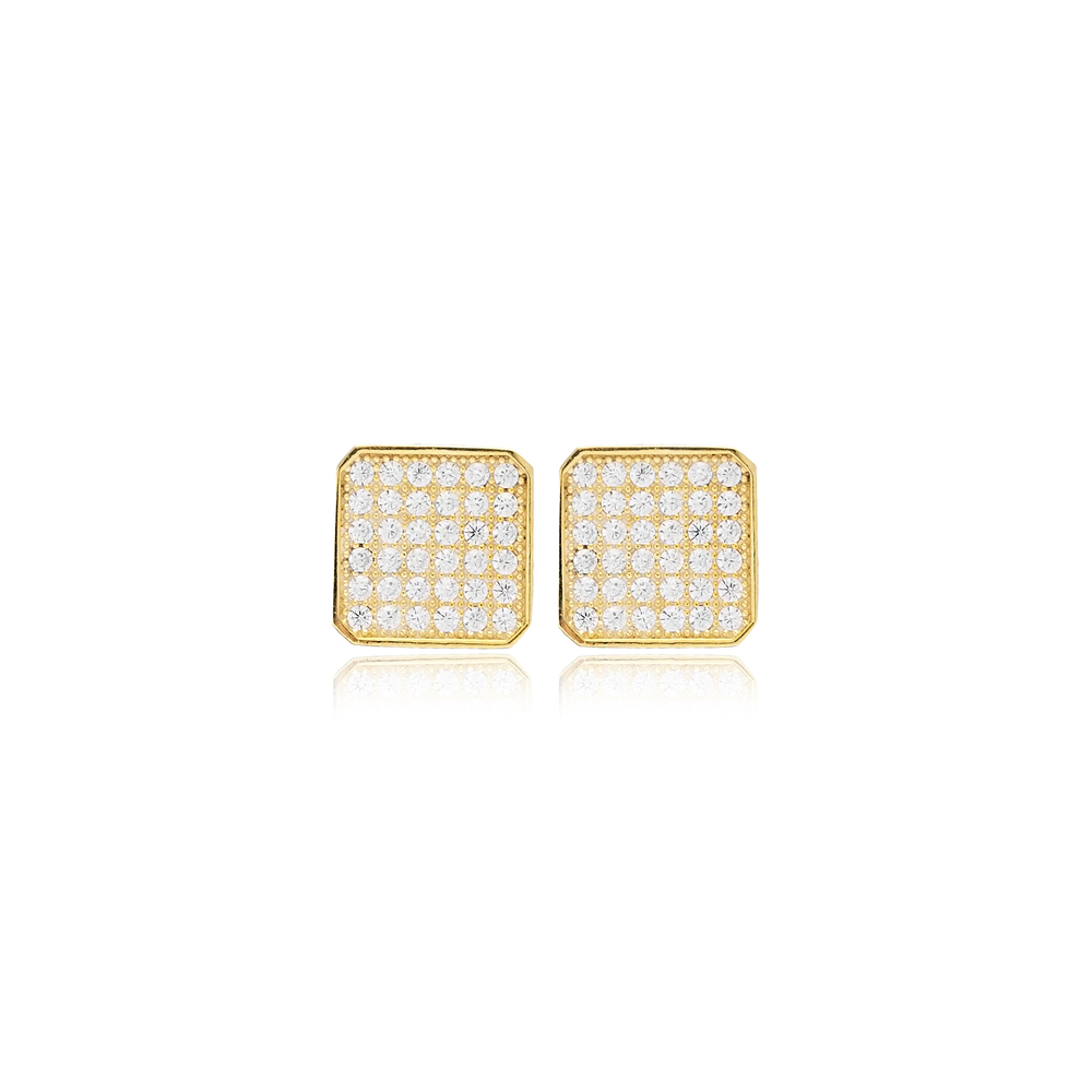 Square Shape Clear Zircon 925 Sterling Silver Stud Earrings