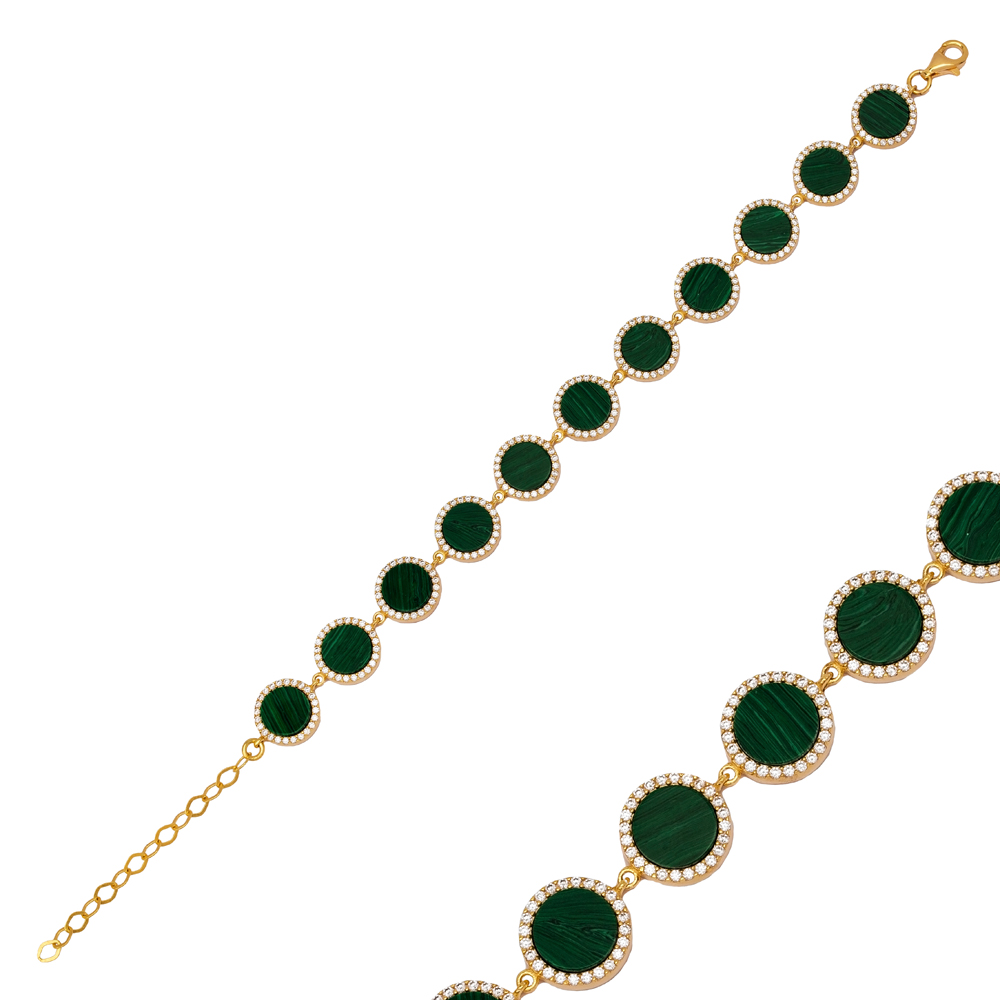 Round Design Malachite CZ Stone Turkish Handmade Jewelry Wholesale 925 Sterling Silver Bracelet