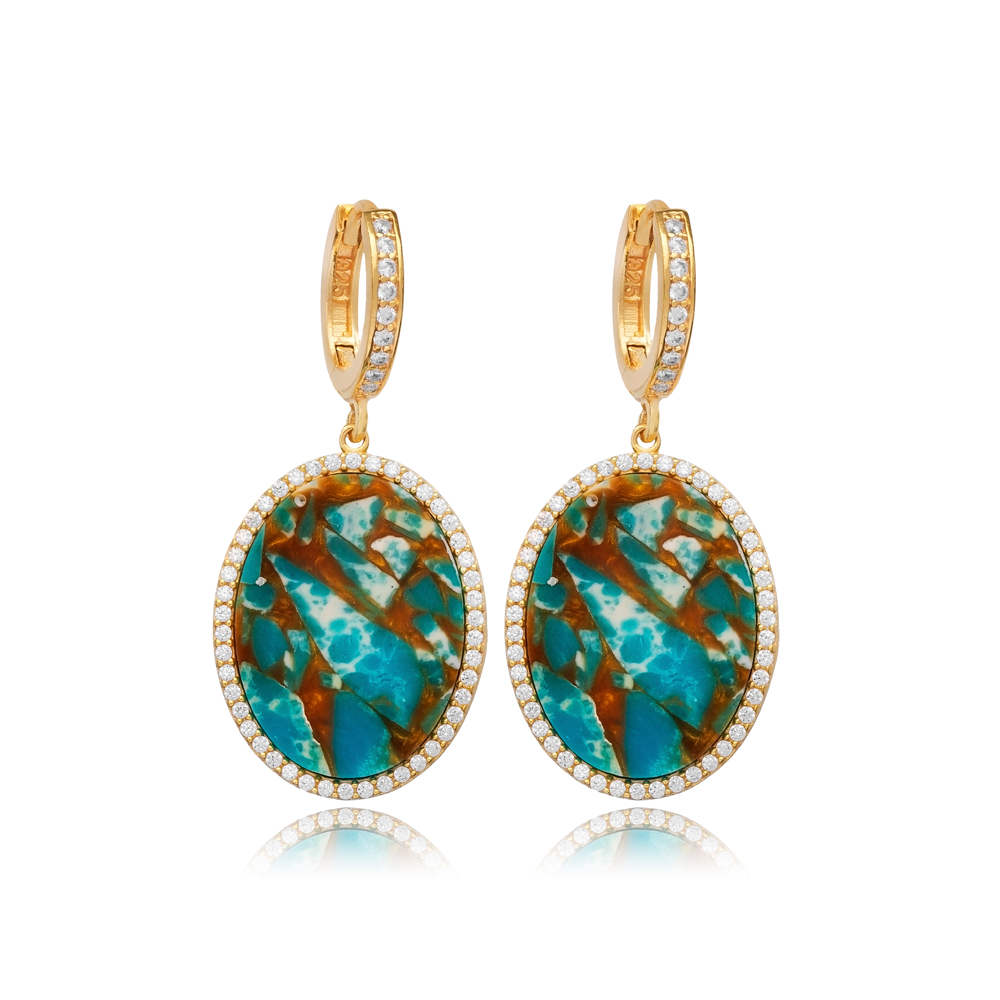 Turquoise CZ Stone Oval Design Turkish Handmade Jewelry Wholesale 925 Sterling Silver Dangle Earring