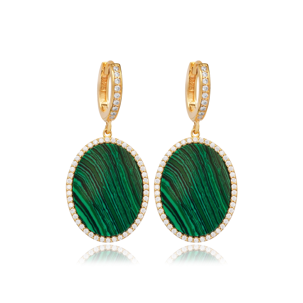 Malachite CZ Stone Oval Design Turkish Handmade Jewelry Wholesale 925 Sterling Silver Dangle Earring