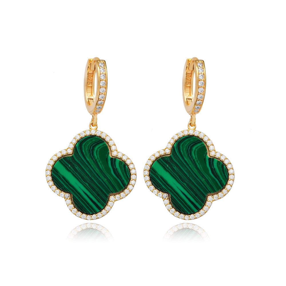 Malachite and CZ Stone Clover Shape Charm Dangle Earring Turkish Handmade Jewelry Wholesale 925 Sterling Silver