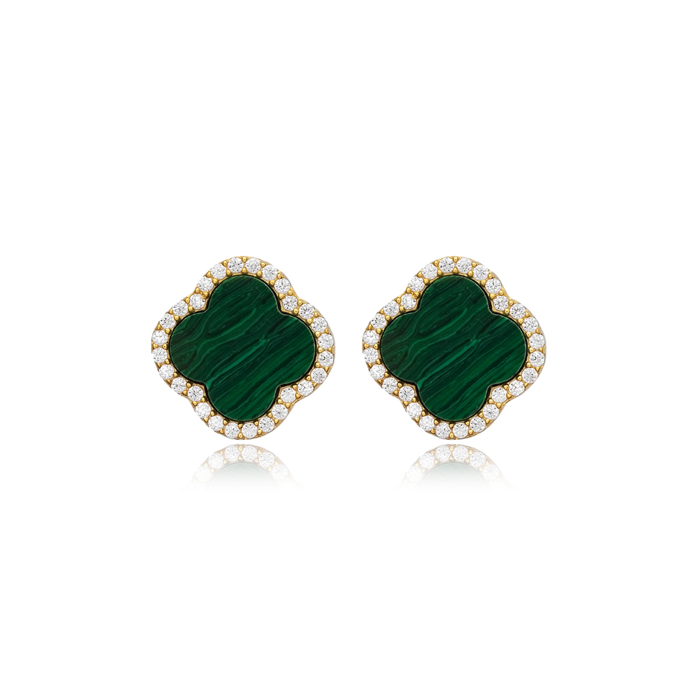 Clover Shape Charm Malachite and CZ Stone 925 Sterling Silver Stud Earrings Wholesale Turkish Handcrafted Jewelry