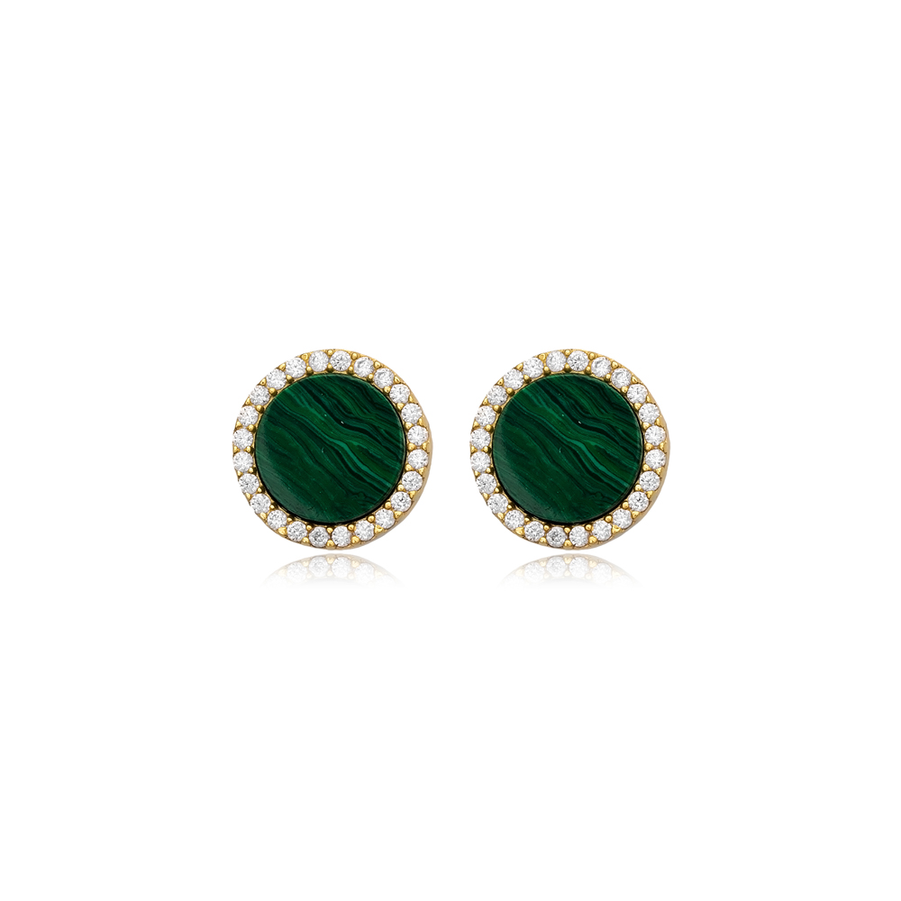 Round Shape Charm Malachite and CZ Stone 925 Sterling Silver Stud Earrings Wholesale Turkish Handcrafted Jewelry