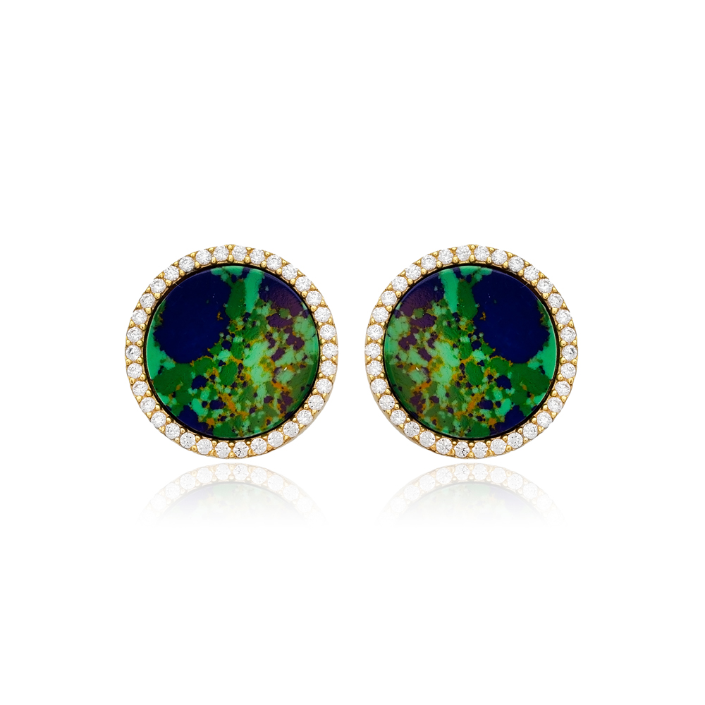 Ø15 mm Round Shape Charm Azurite CZ Stone 925 Sterling Silver Jewelry Stud Earrings Turkish Wholesale