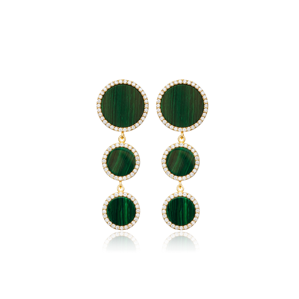 Malachite CZ Stone Trible Round Shape Long Earrings 925 Sterling Silver Handcrafted Wholesale