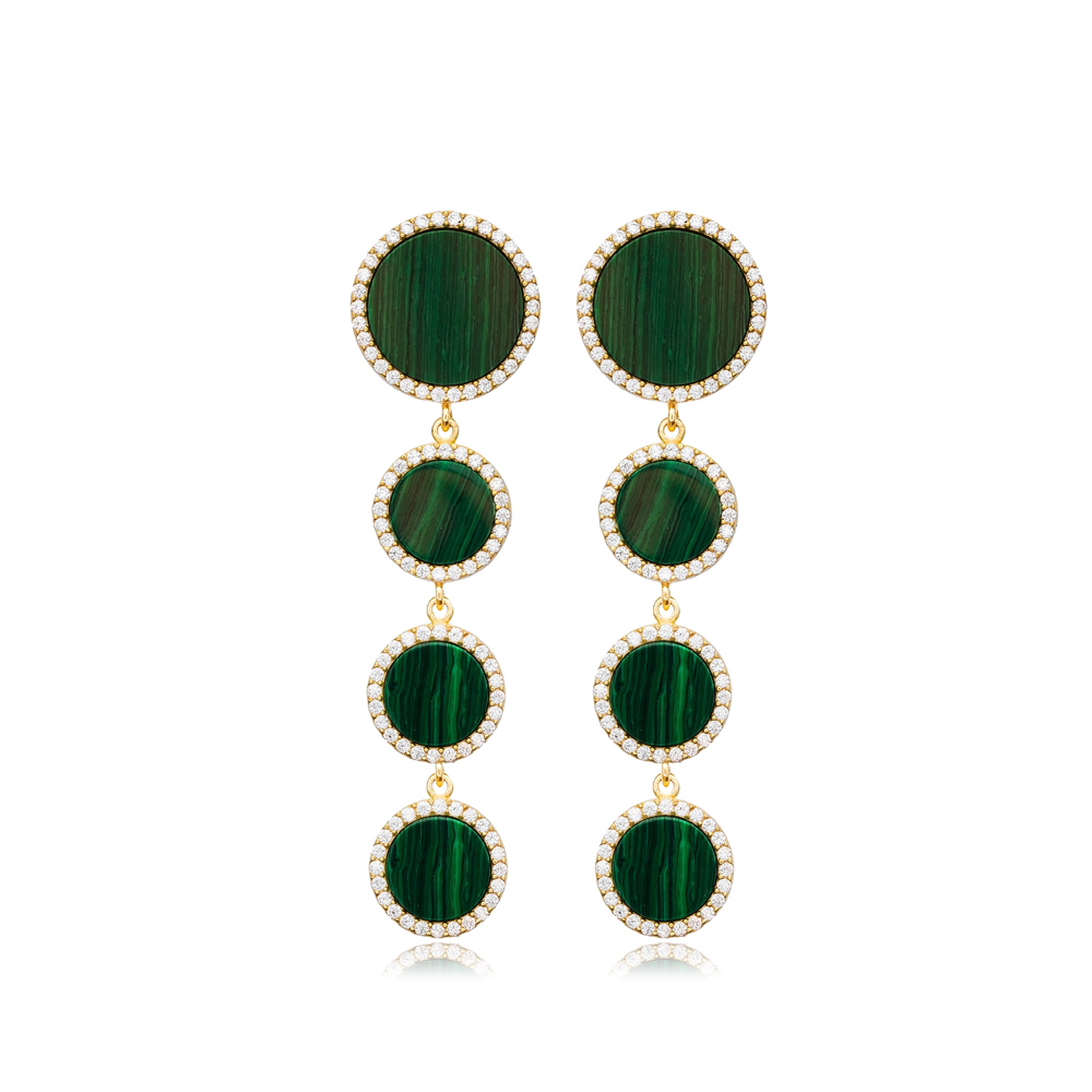 New Design Round Shape Malachite CZ Stone Long Earring Handcraft Turkish 925 Sterling Silver Jewelry