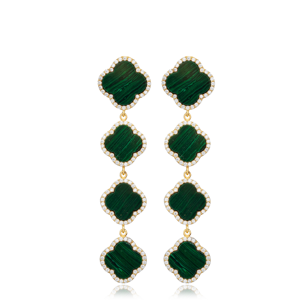 Clover Shape CZ and Malachite Stone 925 Sterling Silver Long Earring Jewelry Turkish Wholesale