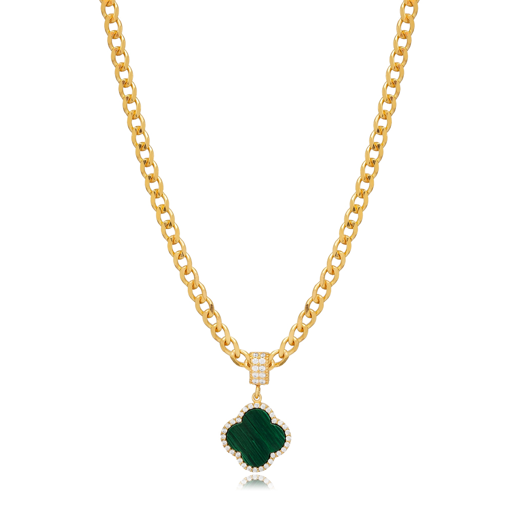 Ø15 mm Clover Design CZ Stone Malachite Charm Necklace Turkish Handcraft 925 Sterling Silver Jewelry