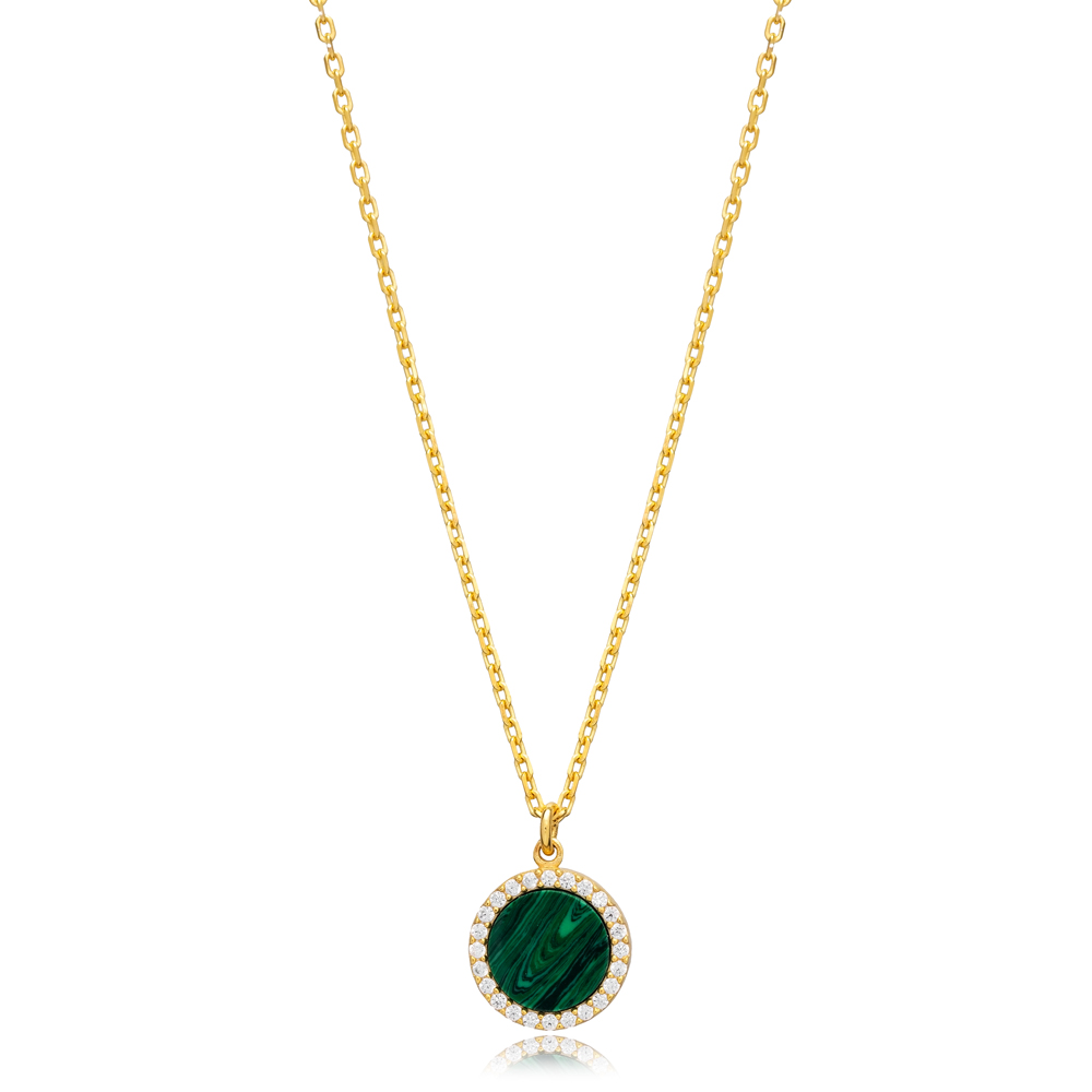 Ø11 mm Malachite CZ Stone Charm Necklace 925 Sterling Silver Turkish Wholesale Jewelry