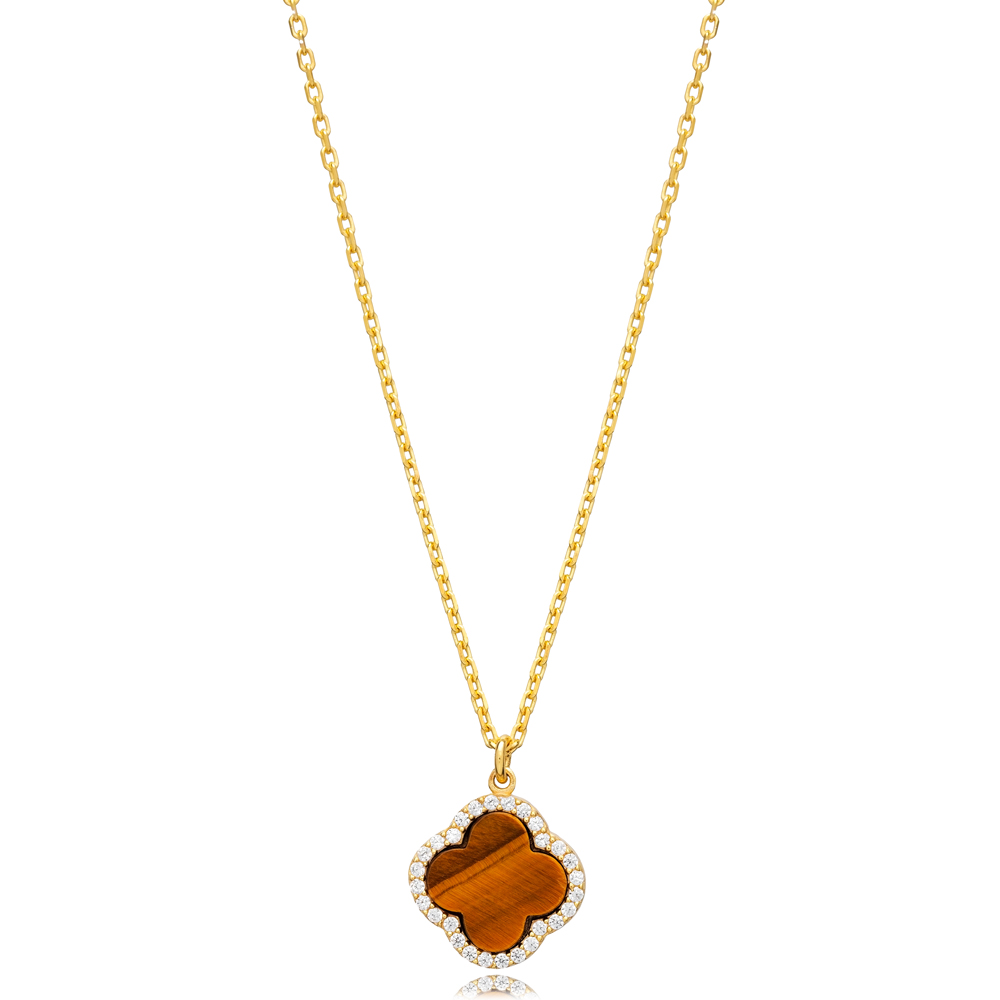 New Trend Clover Design CZ and Tiger Eye Charm Necklace Turkish Wholesale 925 Sterling Silver Jewelry