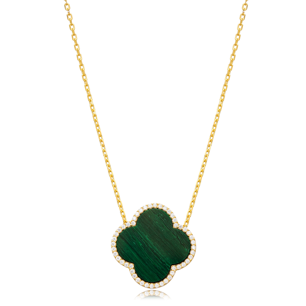 Clover Shape Malachite CZ Stone Charm Necklace Turkish Jewelry Wholesale 925 Sterling Silver