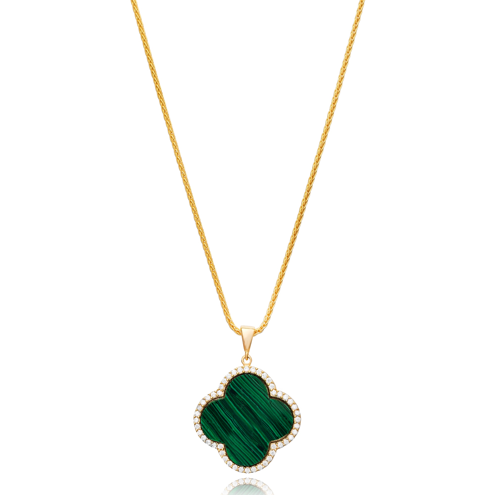 Clover Shape CZ and Malachite Stone 925 Sterling Silver Charm Necklace Jewelry Turkish Wholesale