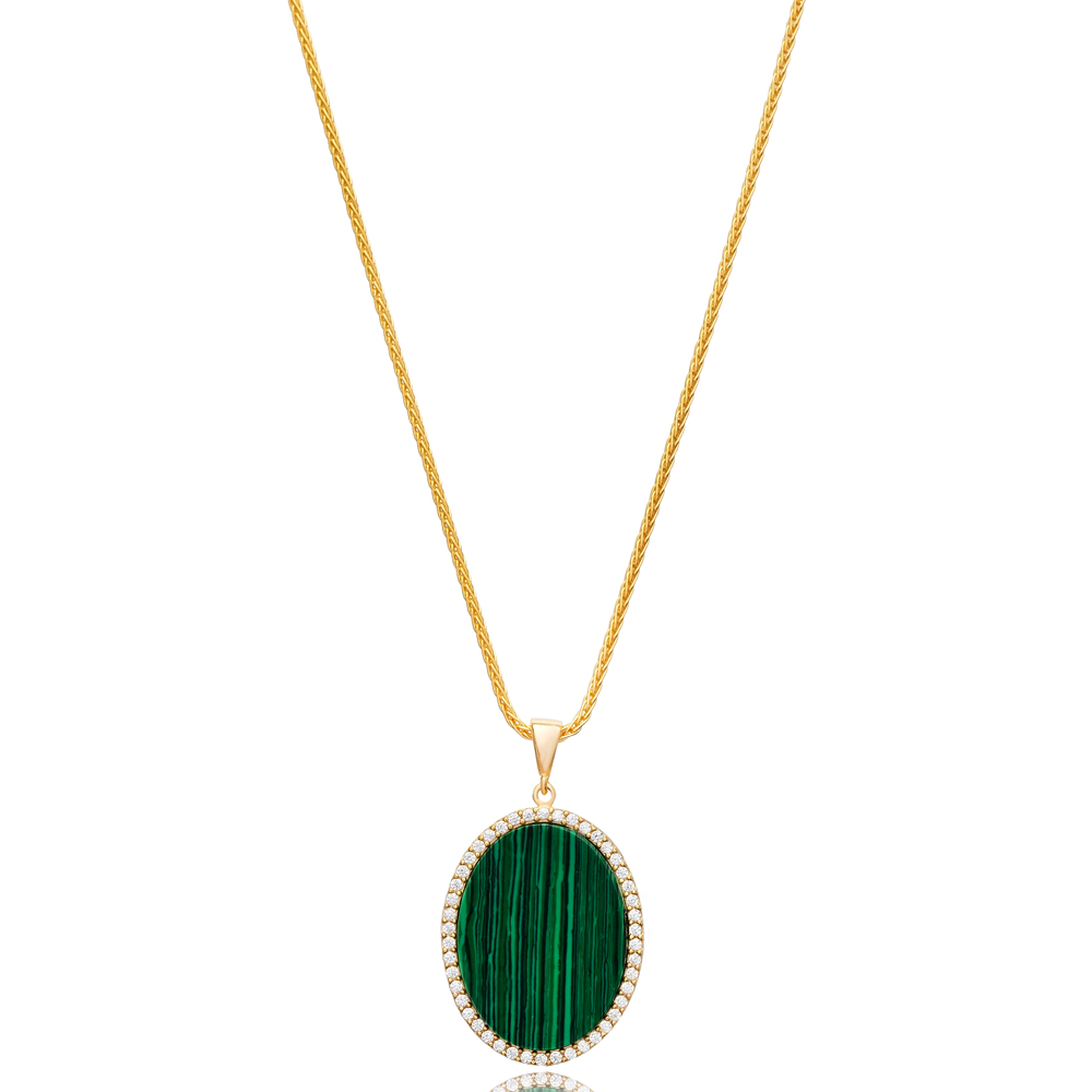 Malachite CZ Stone Oval Design Charm Necklace Turkish Handmade Jewelry Wholesale 925 Sterling Silver