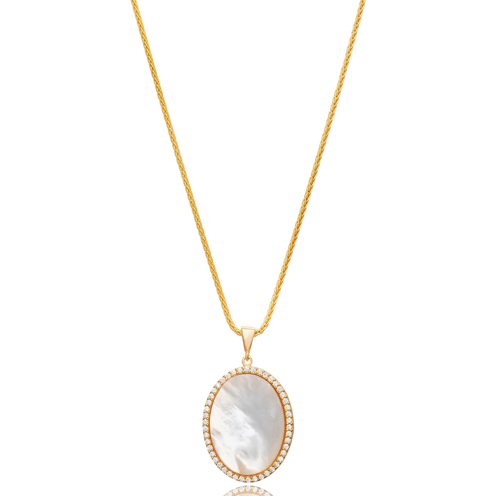 Mother of Pearl CZ Stone Oval Design Charm Necklace Handmade Wholesale 925 Sterling Silver Jewelry