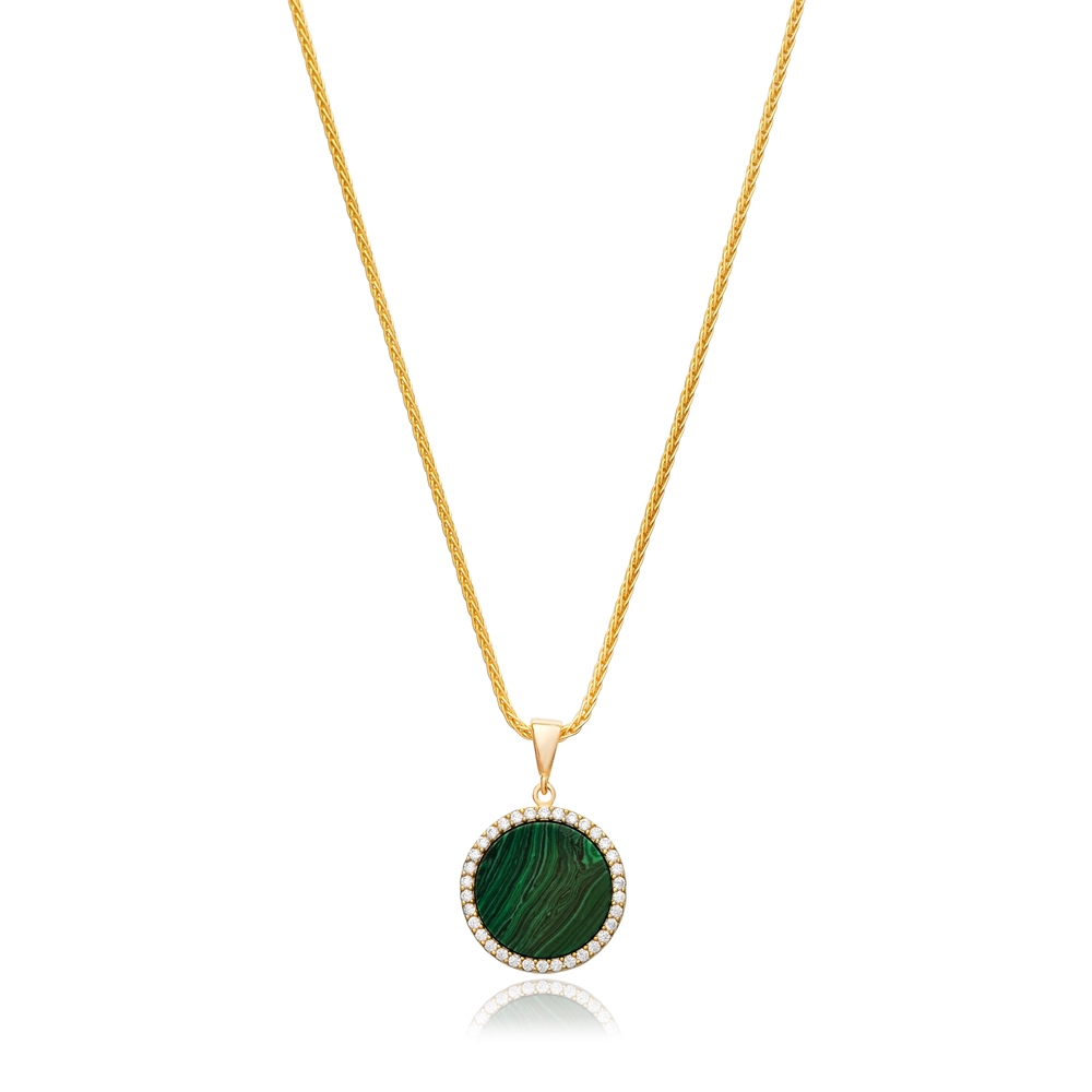 Round Shape Charm Necklace Malachite CZ Stone 925 Sterling Silver Wholesale Turkish Handmade Jewelry