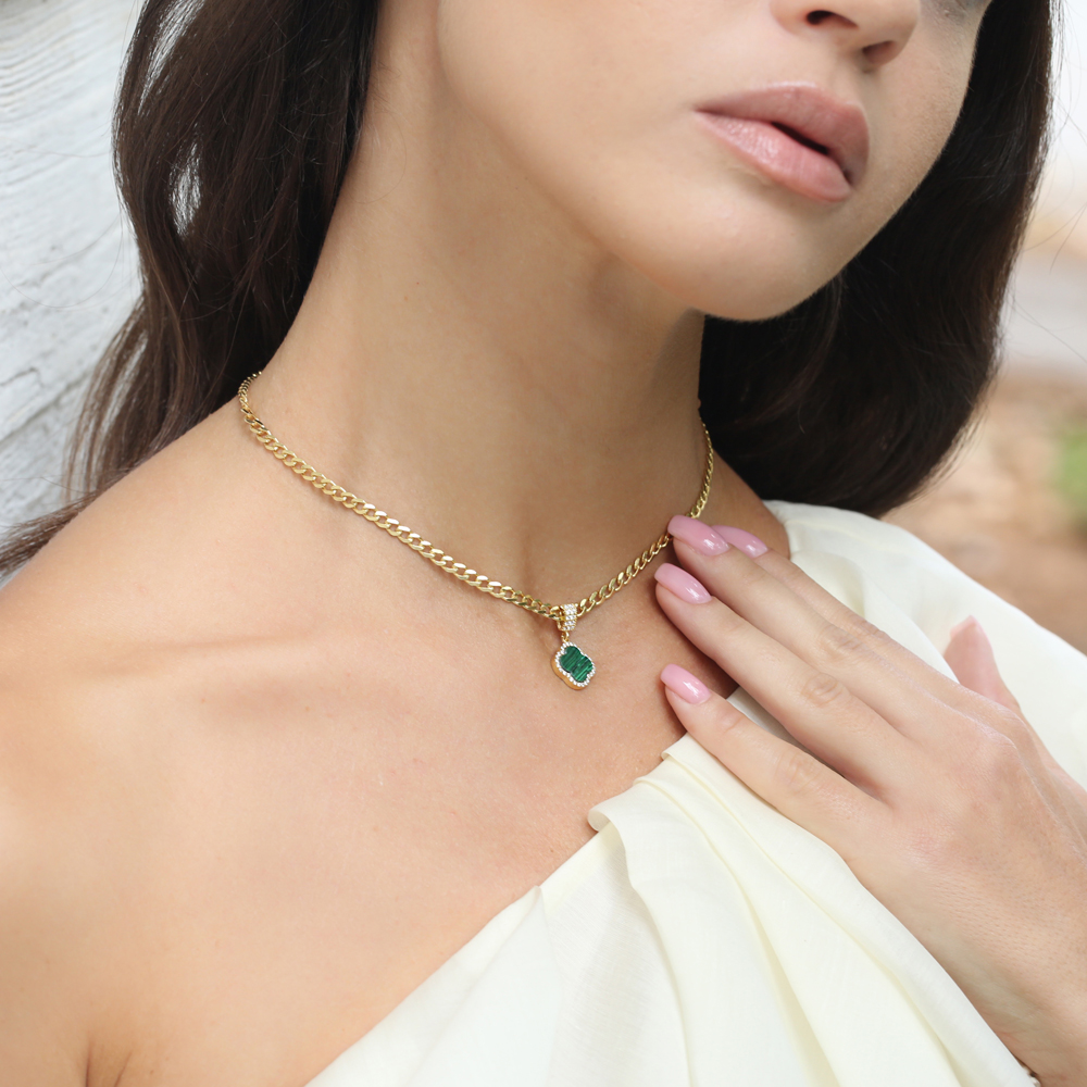 Clover Design Malachite Cz Stone 925 Sterling Silver Charm Necklace Jewelry Turkish Wholesale