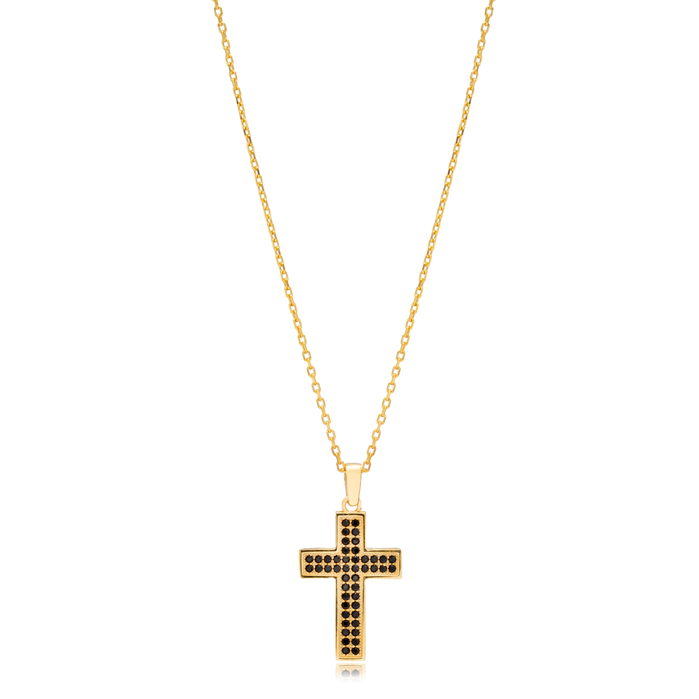 Black CZ Stone Cross Charm Necklace Silver Jewelry Wholesale