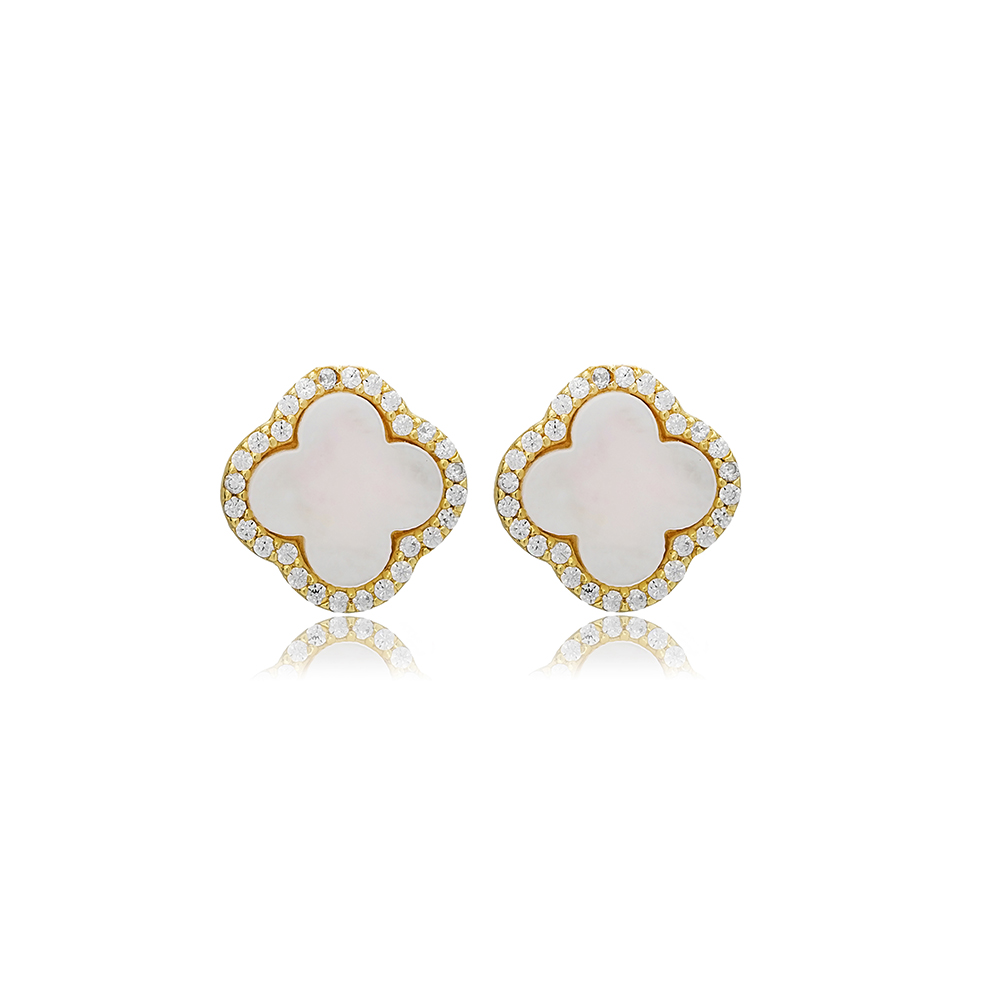 Clover Mother of Pearl Sterling Silver Stud Earrings Jewelry