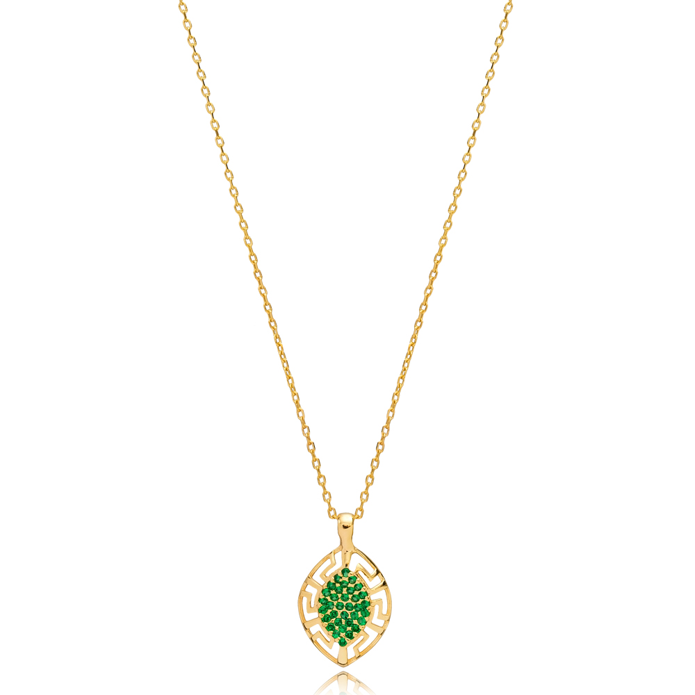 Greek Design Emerald CZ Almond 925 Silver Charm Necklace