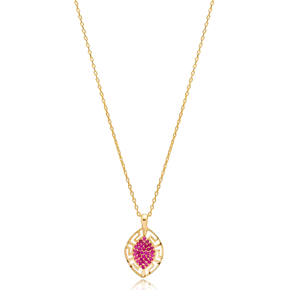Ruby CZ Greek Design Almond 925 Wholesale Charm Necklace