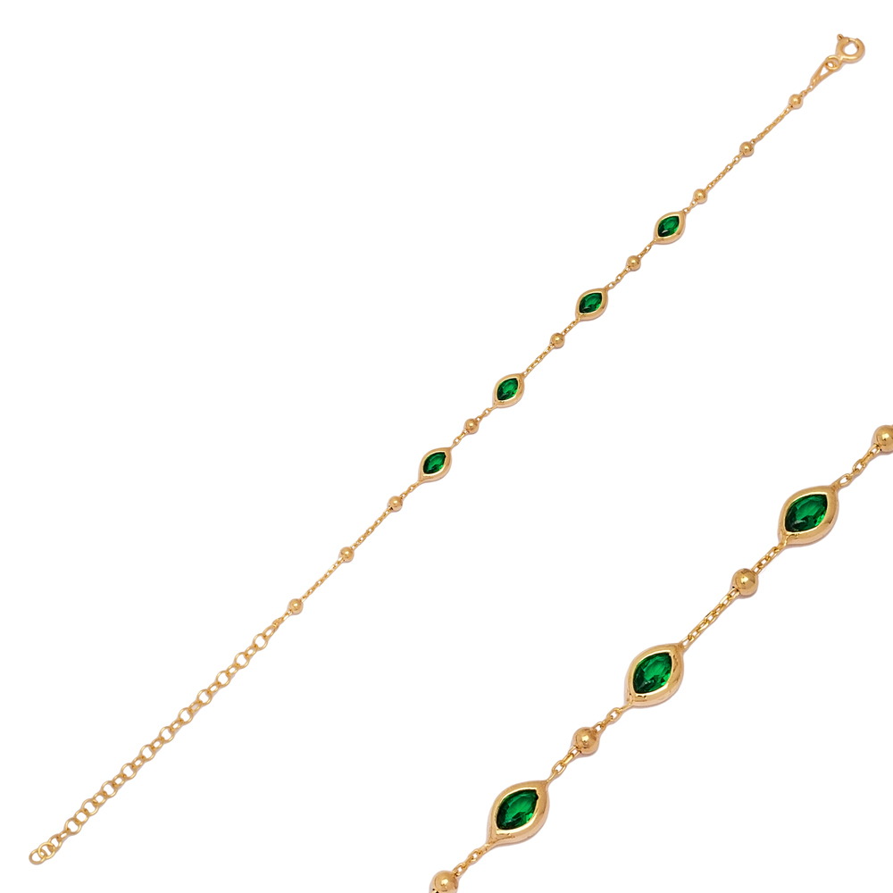 Emerald CZ Almond Woman Sterling Silver Charm Bracelet