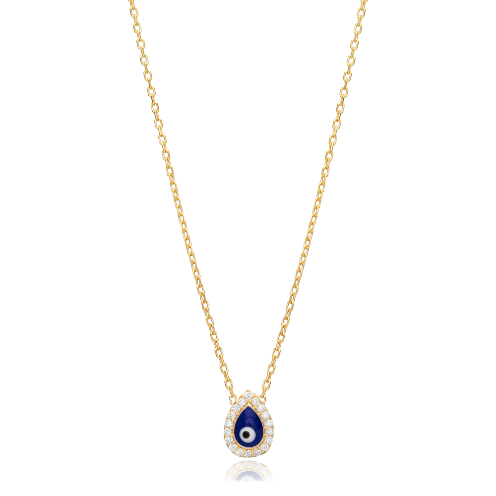 Pear Shape Dark Blue Enamel Evil Eye Silver Charm Necklace