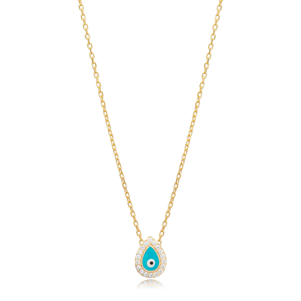 Blue Enamel Evil Eye Pear Shape Silver Charm Necklace