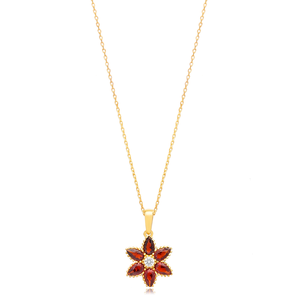 Garnet Flower Shape Sterling Silver Jewelry Charm Necklace