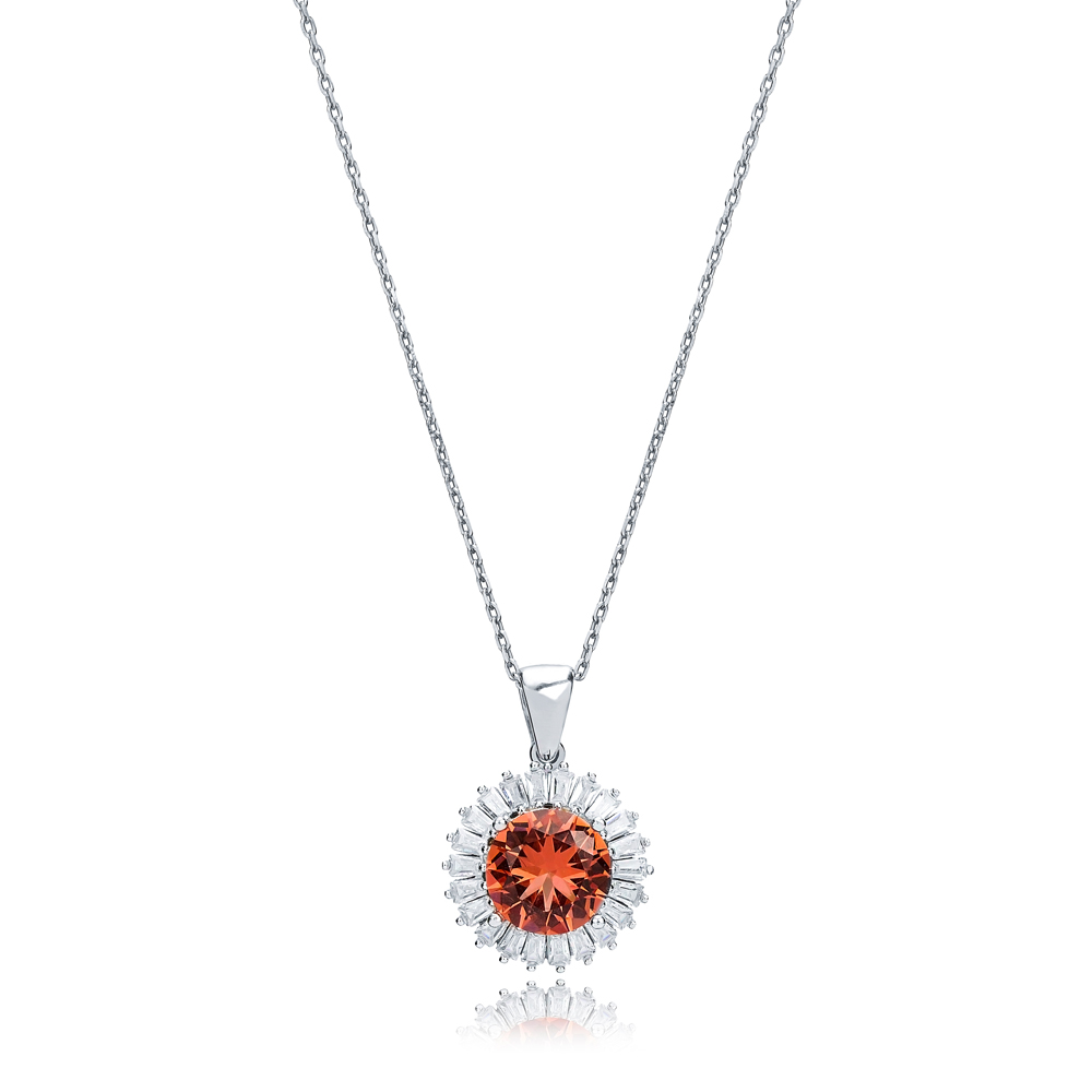 Round Shape Baguette CZ Stone Silver Charm Necklace Pendant