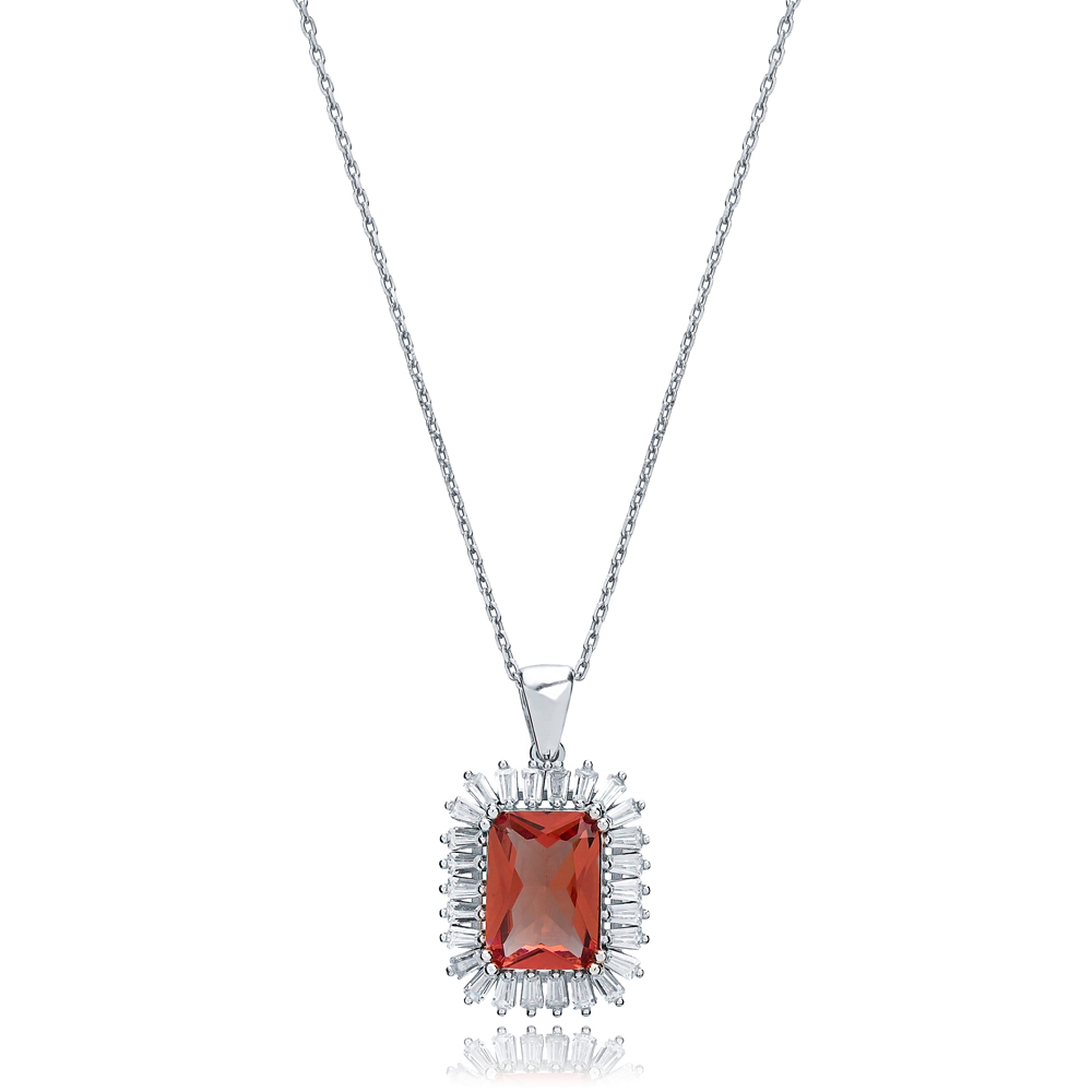 Baguette Design CZ Stone Silver Charm Pendant Necklace